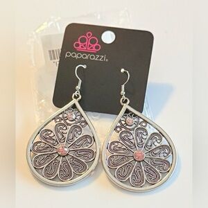 Paparazzi Silver Floral Teardrop Earrings with Blush Pink Accents